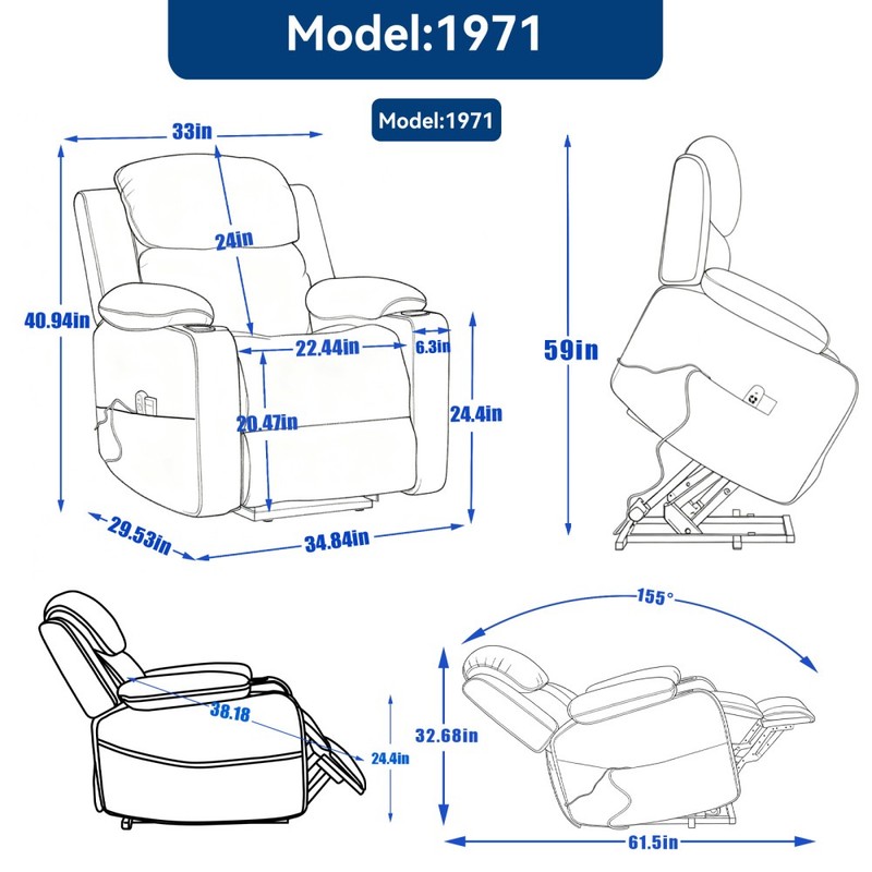Power Lift Recliner Chair w/ Massage & Heat for Elderly, Heavy Duty, Grey gallery