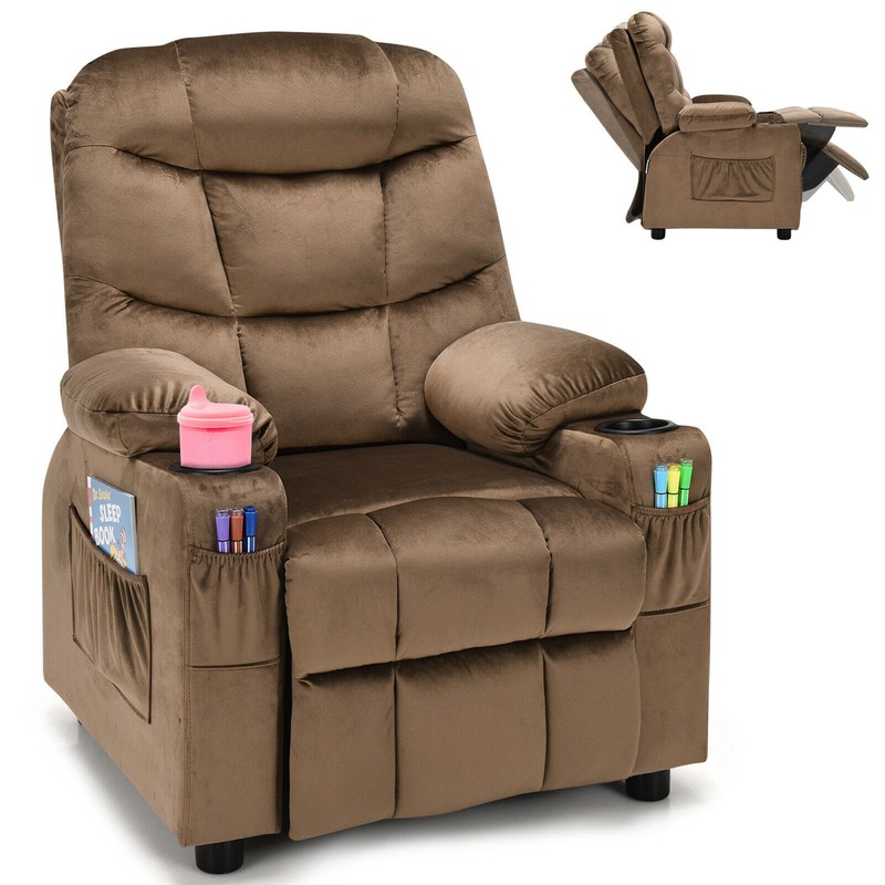 Kids Youth Recliner Chair Velvet Fabric w/Cup Holder & Side Pocket Brown