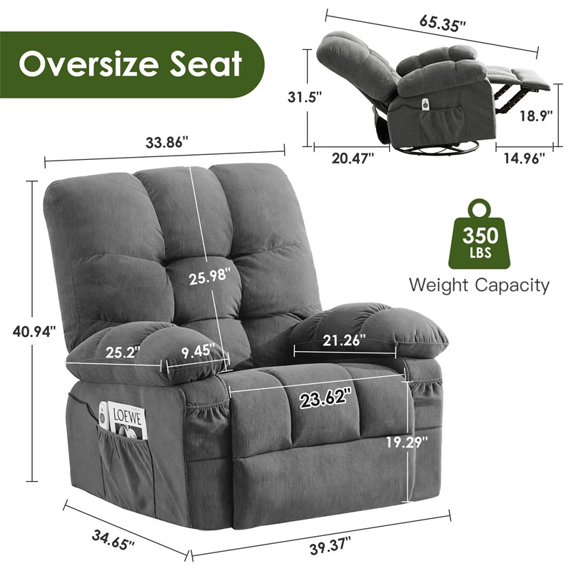 24" Massage Swivel Recliner Chair w/ Vibration & Heating 350LBS Rocker Sofa