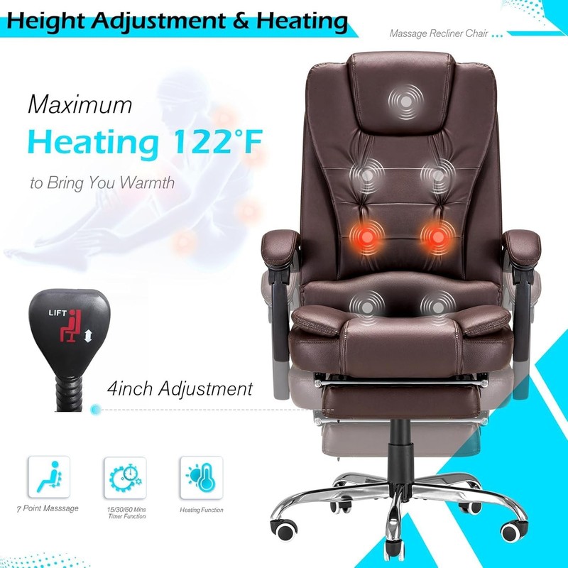 Executive Massage Office Chair with Heat, Reclining Footrest, Brown Leather gallery
