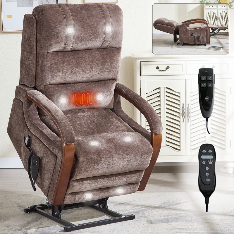 Power Lift Recliner Chair Dual Motor Heat Massage Brown Chenille 350 lbs