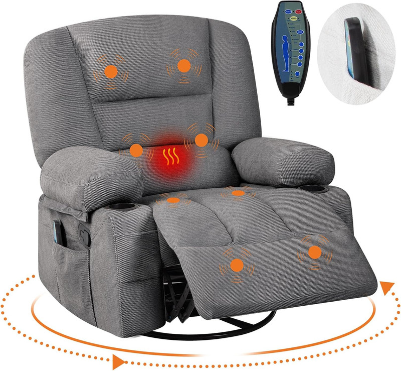 Massage Rocking Recliner Chair with Vibration and Heat, 360° Swivel Chenille Roc gallery