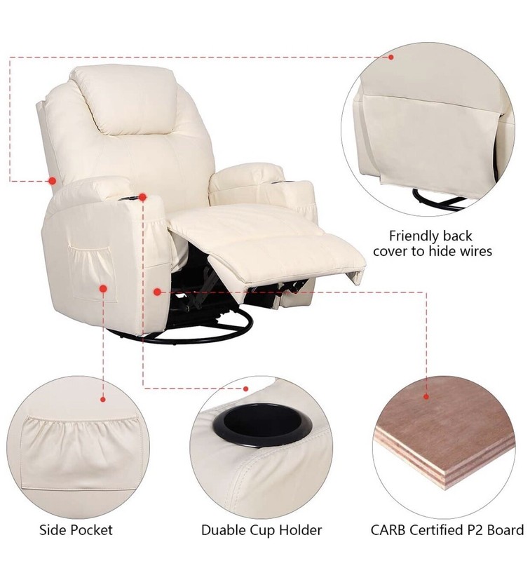 Cream Massage Recliner Chair Heated PU Leather Ergonomic Lounge 360 Degree Swi gallery