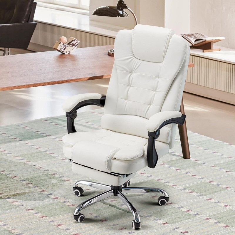 Executive Massage Office Chair with Heat, Reclining Footrest, White Leather gallery