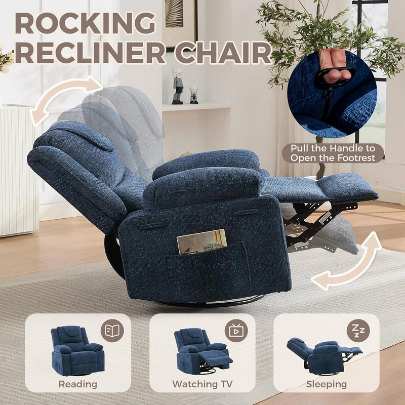 Blue Oversized Massage Rocker Recliner Chair with 360° Swivel and Heating gallery
