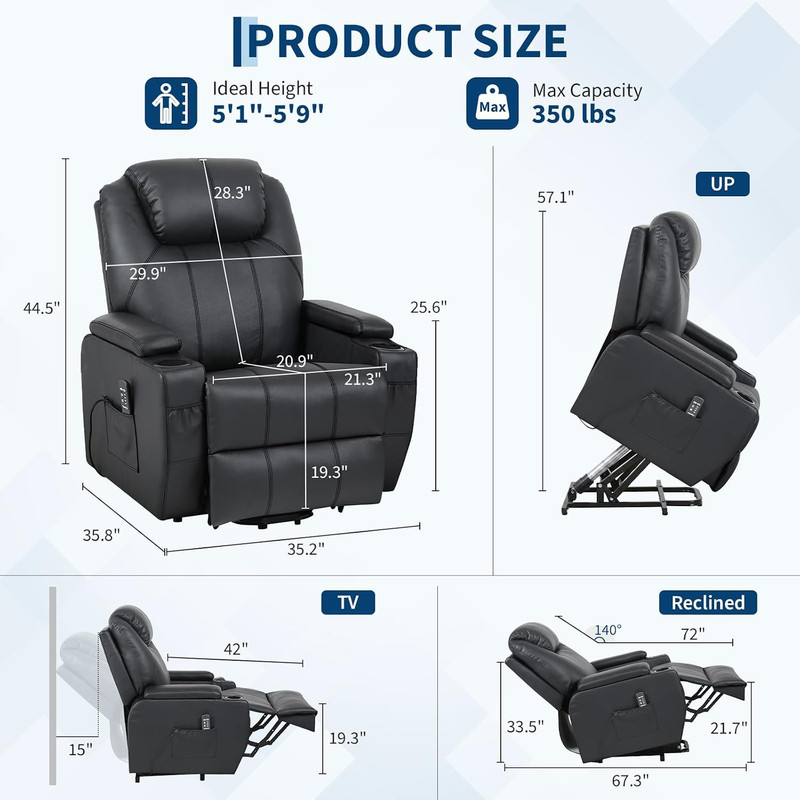 Compact Power Lift Recliner with Massage, Heat & Storage - PU Leather gallery