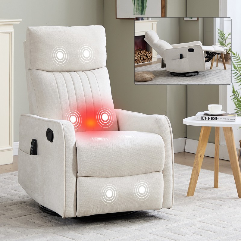 Beige Heat Massage Manual Recliner Chair with Rocker and Swivel in Fabric