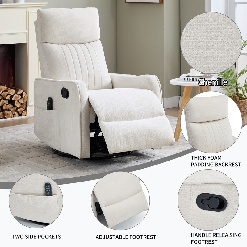 Beige Heat Massage Manual Recliner Chair with Rocker and Swivel in Fabric gallery
