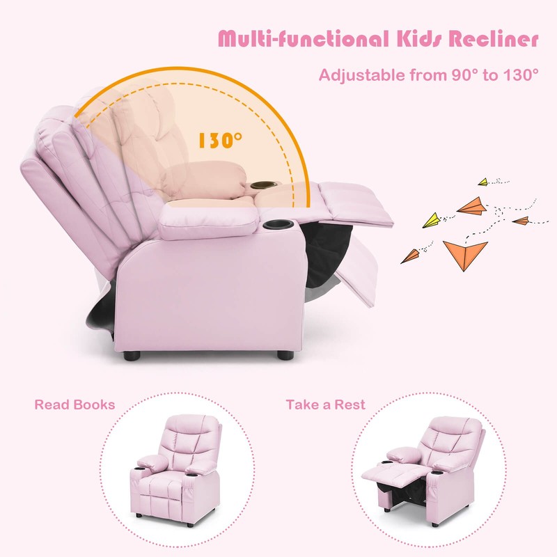 Honeyjoy Kids Youth Recliner Chair PU Leather w/Cup Holders & Side Pockets Pink gallery