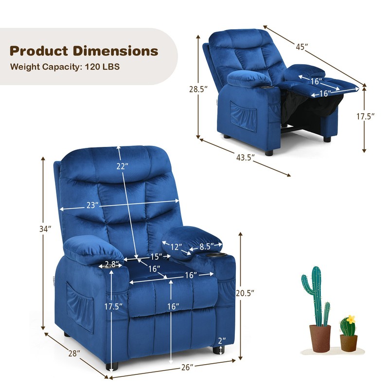 Honeyjoy Kids Youth Recliner Chair Velvet Fabric w/Cup Holder & Side Pocket Blue gallery