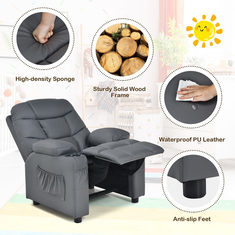 Costway Kids Youth Recliner Chair PU Leather w/Cup Holders & Side Pockets Grey gallery