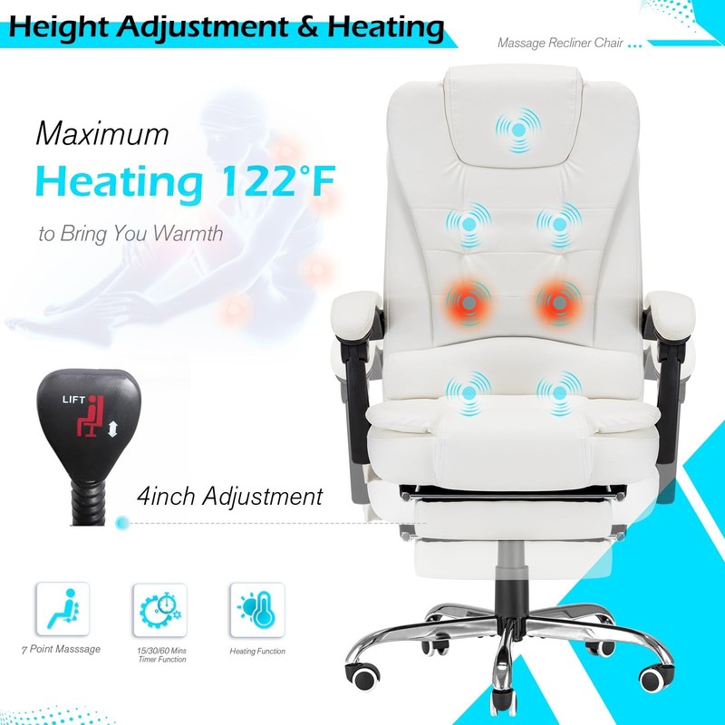 Executive Massage Office Chair with Heat, Reclining Footrest, White Leather gallery