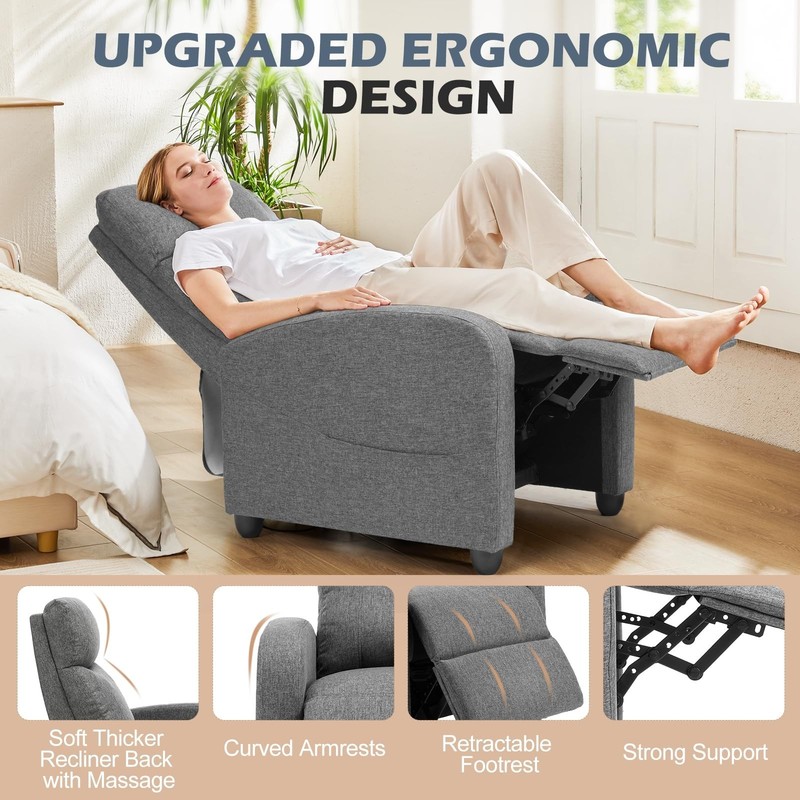 Adjustable Massage Recliner Chair for Adults, Lumbar Support, Modern Grey Fabric gallery