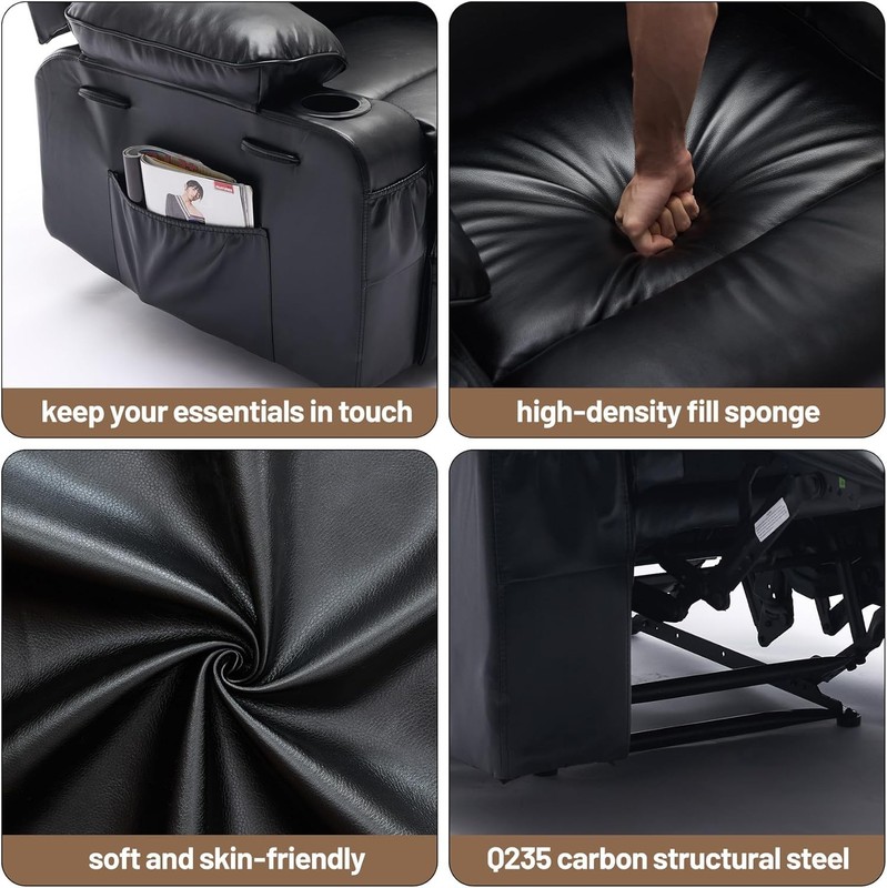 Black Manual Recliner with Massage&Heat, Extra Wide PU Leather Chair for Bedroom gallery
