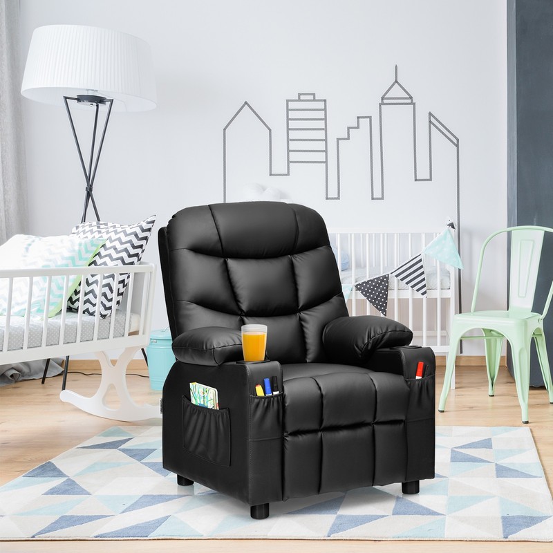 Costway Kids Youth Recliner Chair PU Leather w/Cup Holders & Side Pockets Black gallery