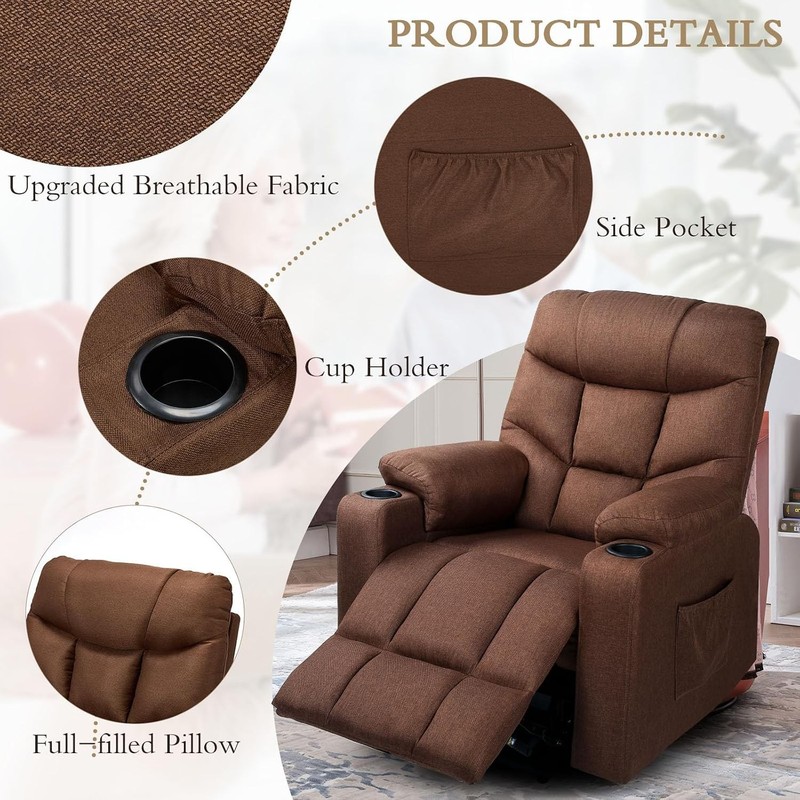 Heavy lift recliner with heat massage, side pockets and USB charging ports gallery