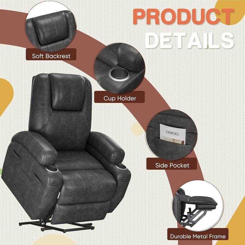 Electric Power Lift Recliner Chair with Massage & Cup Holders - Dark Gray gallery