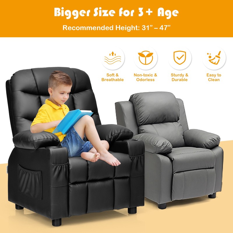 Costway Kids Youth Recliner Chair PU Leather w/Cup Holders & Side Pockets Black gallery