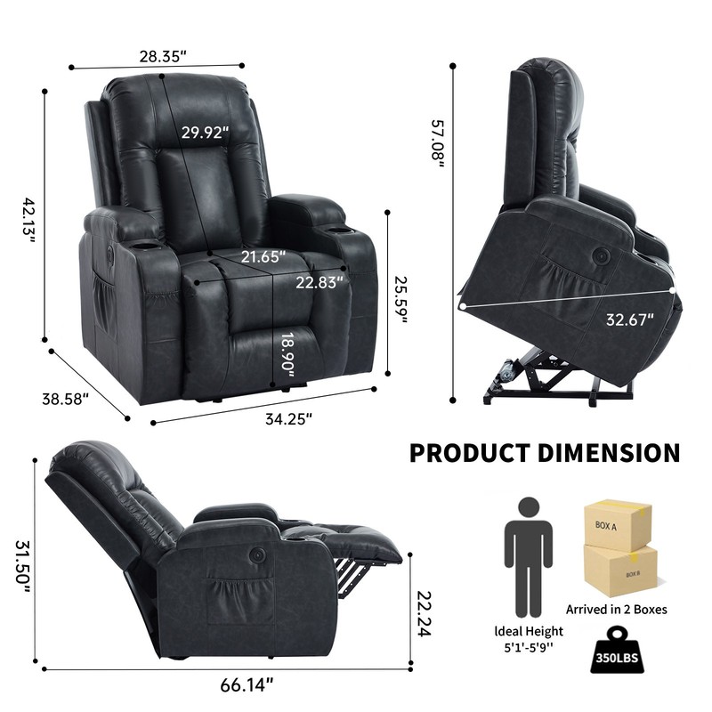 Power Lift Recliner Chair w/ Massage & Heat, 350 LBS Capacity, Gray gallery