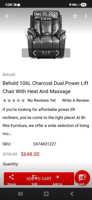 BEHOLD 106L LIFT RECLINER (NEW) (WARRENT Y) gallery