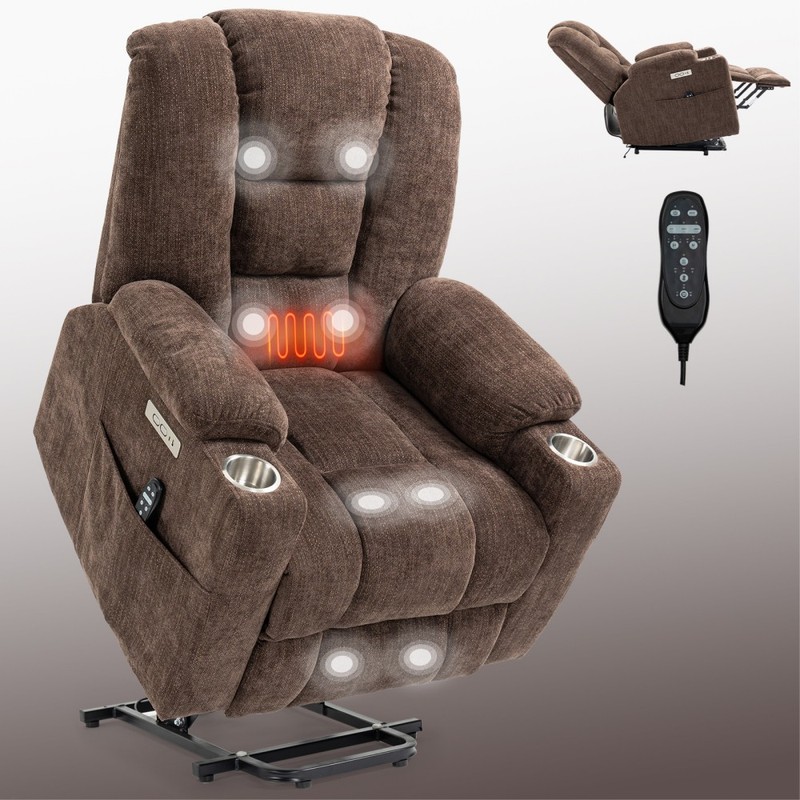 EMON'S Power Lift Recliner Massage Heat Elderly USB-C 2 Cup Holders Brown 350LB