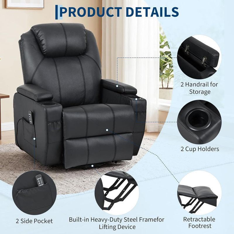 Compact Power Lift Recliner with Massage, Heat & Storage - PU Leather gallery