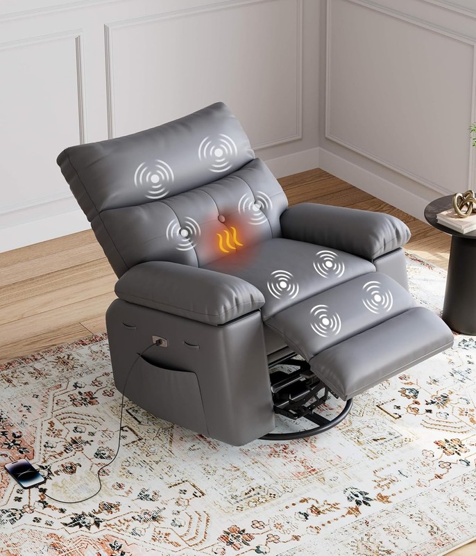 Electric Rocker Swivel Recliner Chair,Overstuffed PU Leather Seat w Heat&Massage gallery