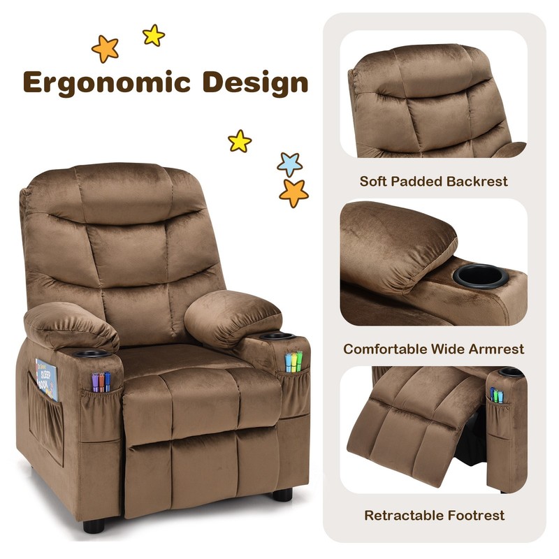 Costway Kids Youth Recliner Chair Velvet Fabric Armrest Sofa w/Cup Holder Brown gallery