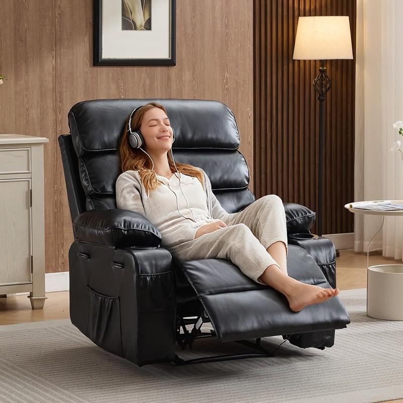 PU Leather Manual Recliner w Massage&Heat,Extra Wide Black Lazy Chair for Adults gallery