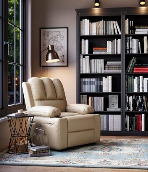 Oversized Electric Recliner Chair for Living Room – PU Leather Swivel Beige gallery