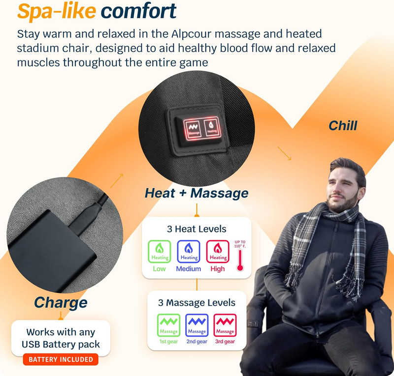 Alpcour Heated Massage Reclining Stadium Seat for Bleachers – Wide Bleacher Chai gallery