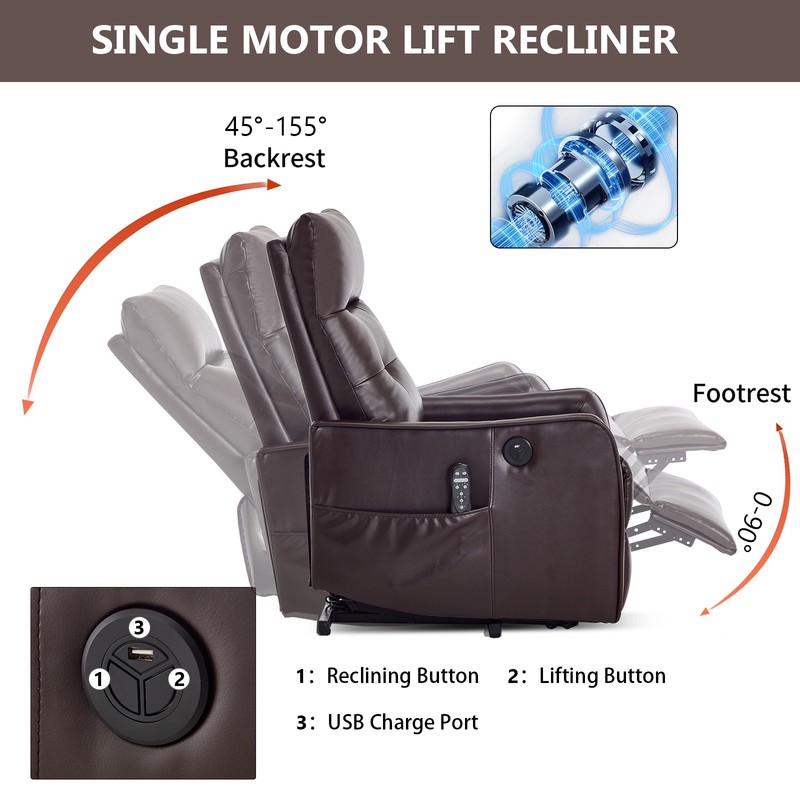 Brown Power Lift Recliner Chair with Massage, Heat & USB, 155° Max Recline gallery