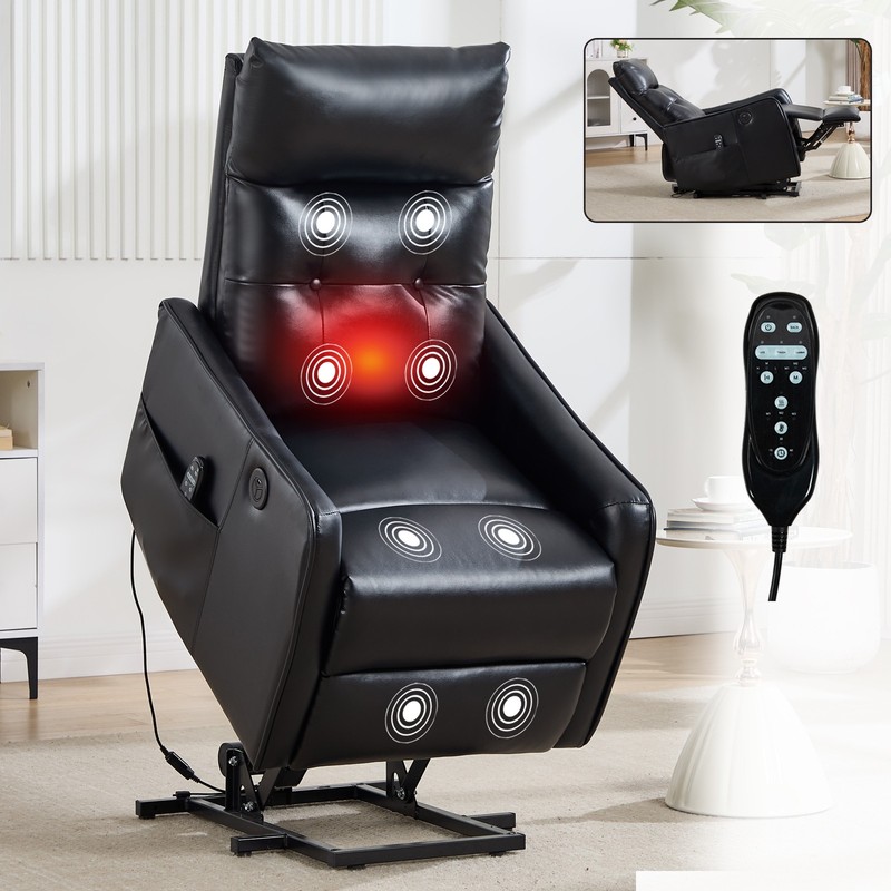 Power Lift Recliner Chair with Massage & Heat, Black PU Leather, 155° Recline