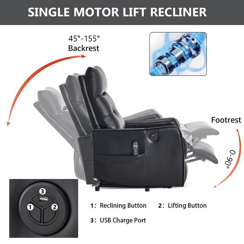 Power Lift Recliner Chair with Massage & Heat, Black PU Leather, 155° Recline gallery