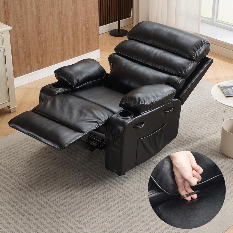 Black Manual Recliner with Massage&Heat, Extra Wide PU Leather Chair for Bedroom gallery