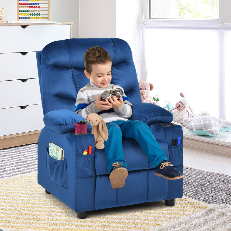 Costway Kids Youth Recliner Chair Velvet Fabric w/Cup Holder & Side Pocket Blue gallery