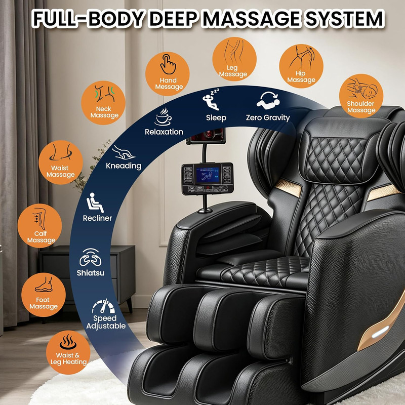 Zero Gravity Full Body Massage Chair with Heat, Bluetooth & Touch Screen - Black gallery