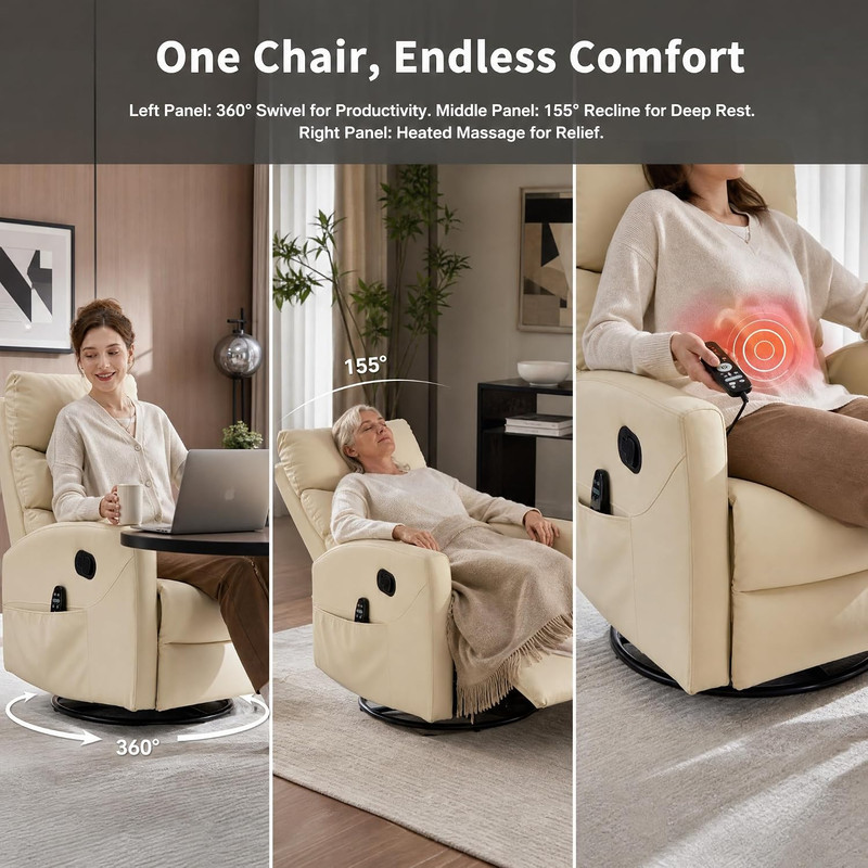 Beige Heat Massage Recliner Chair with 360 Swivel and 8-Point Vibration gallery