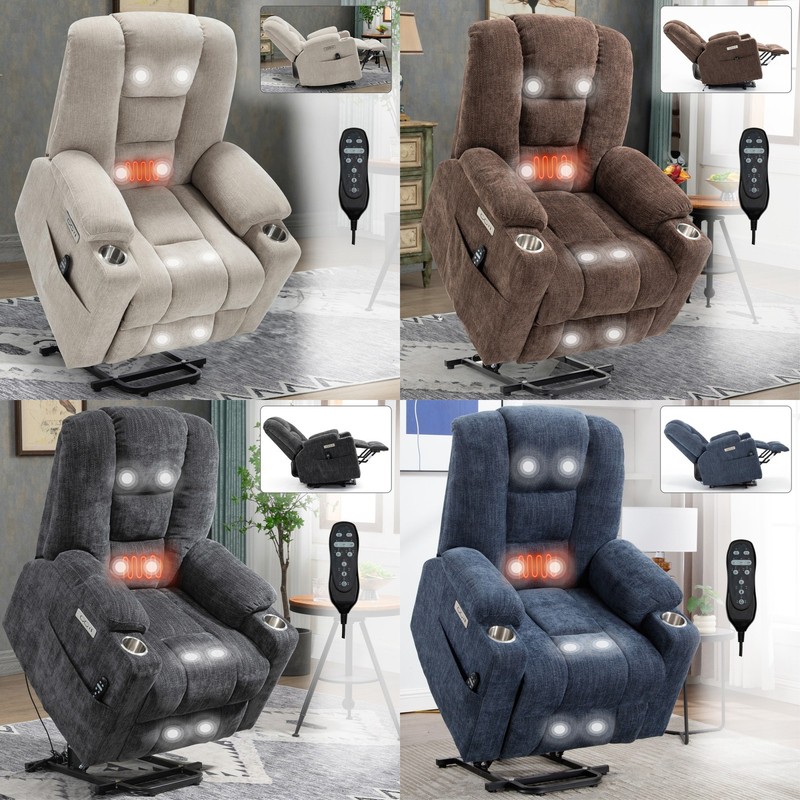 Power Lift Recliner Chair Massage Heat Elderly USB Type-C Cup Holders Chenille
