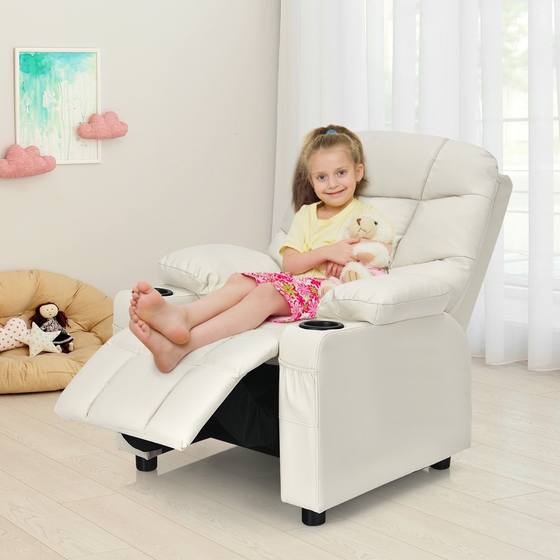 Costway Kids Youth Recliner Chair PU Leather w/Cup Holders & Side Pockets Beige gallery