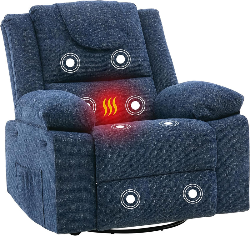 Blue Oversized Massage Rocker Recliner Chair with 360° Swivel and Heating gallery
