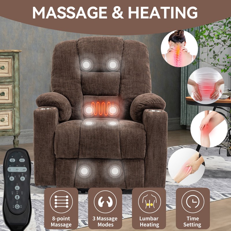 Recliner Chair with Massage and Heat for Elderly, 2 Cup Holders, Easy Accessable