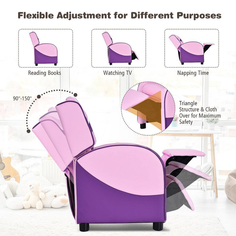 Pink Faux Leather Upholstery Kids Recliner Gaming Sofa W/Side Pockets gallery