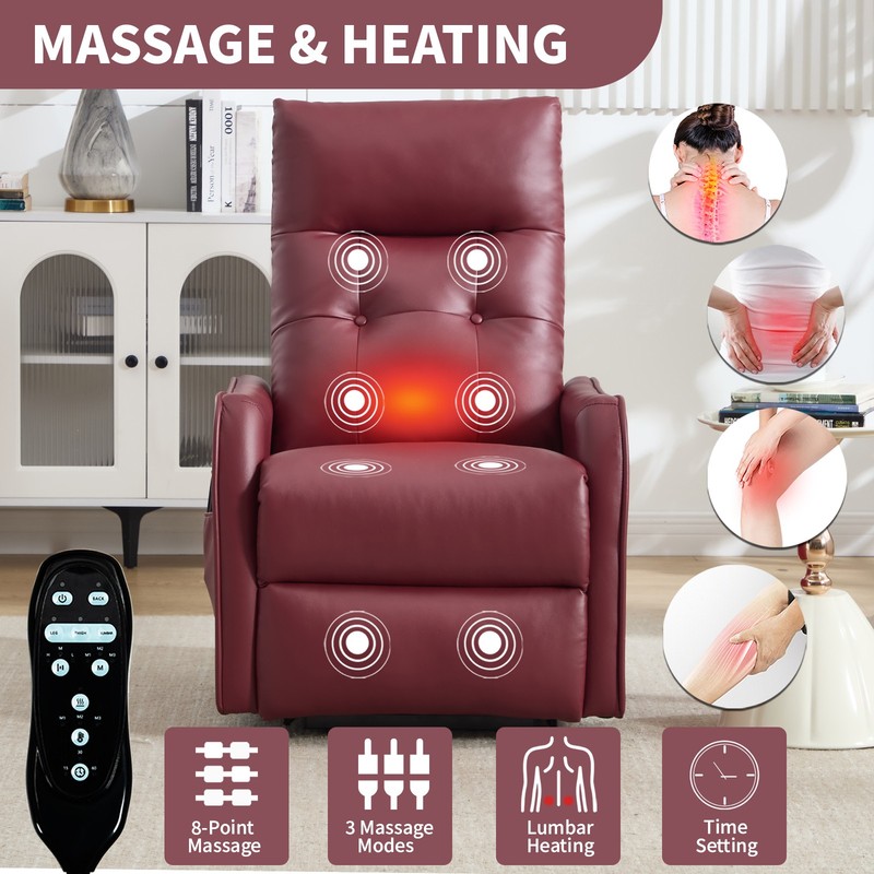 Power Lift Recliner Chair with Massage & Heat, Wine Red, 155° Max Recline gallery