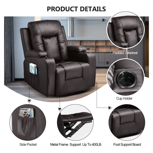 Recliner Chair Leather Sofa with Heated Massage Living Room Chair Black Brown gallery