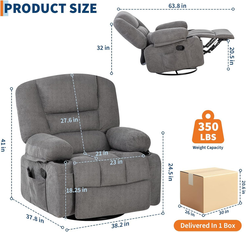 Oversized Grey Recliner Chair with Heat, Vibration, Swivel & Cup Holders gallery