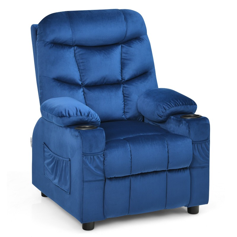 Costway Kids Youth Recliner Chair Velvet Fabric w/Cup Holder & Side Pocket Blue