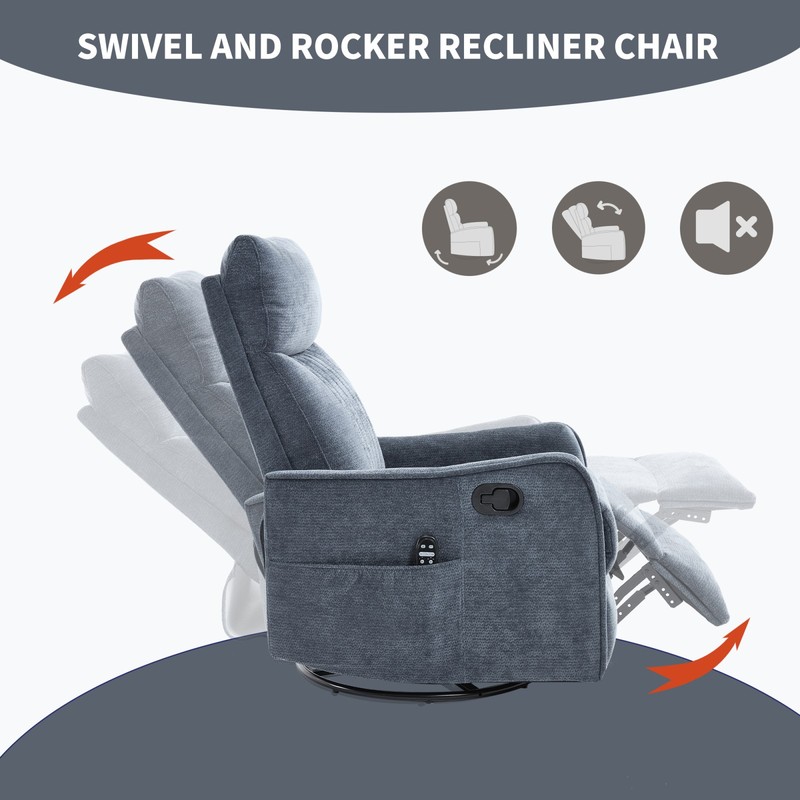 Blue Fabric Recliner Chair with Massage, Heat, Swivel & Rocker gallery