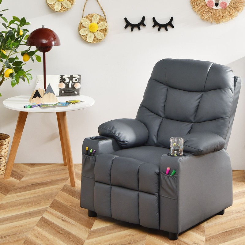 Costway Kids Youth Recliner Chair PU Leather w/Cup Holders & Side Pockets Grey gallery