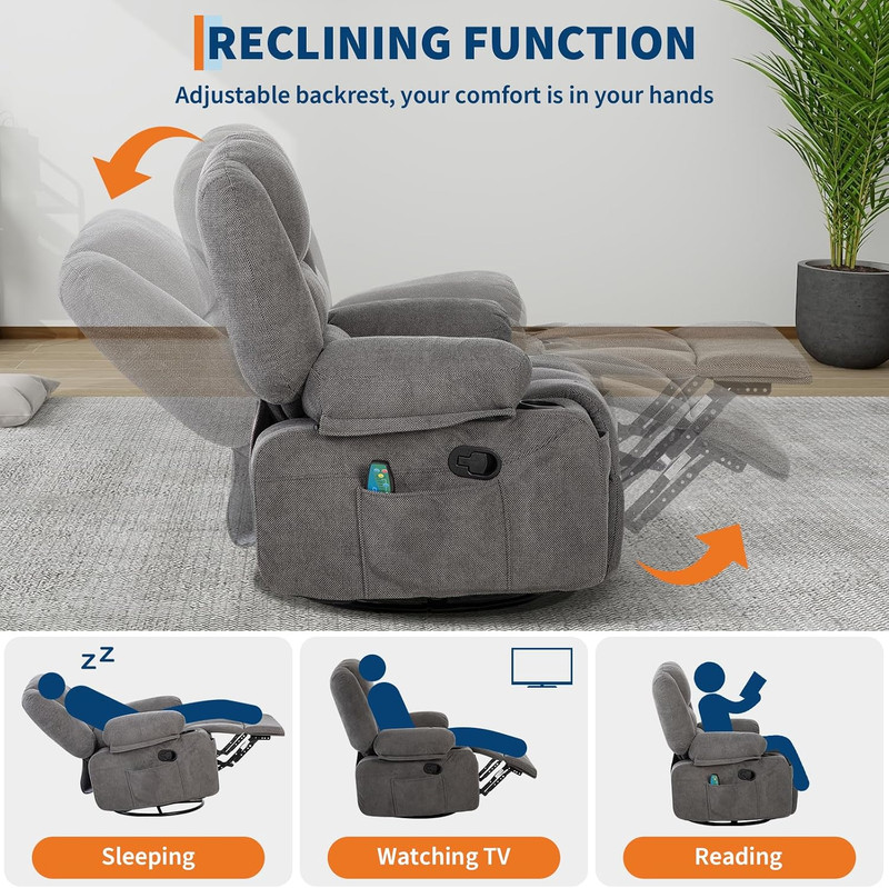 Massage Rocking Recliner Chair with Vibration and Heat, 360° Swivel Chenille Roc gallery